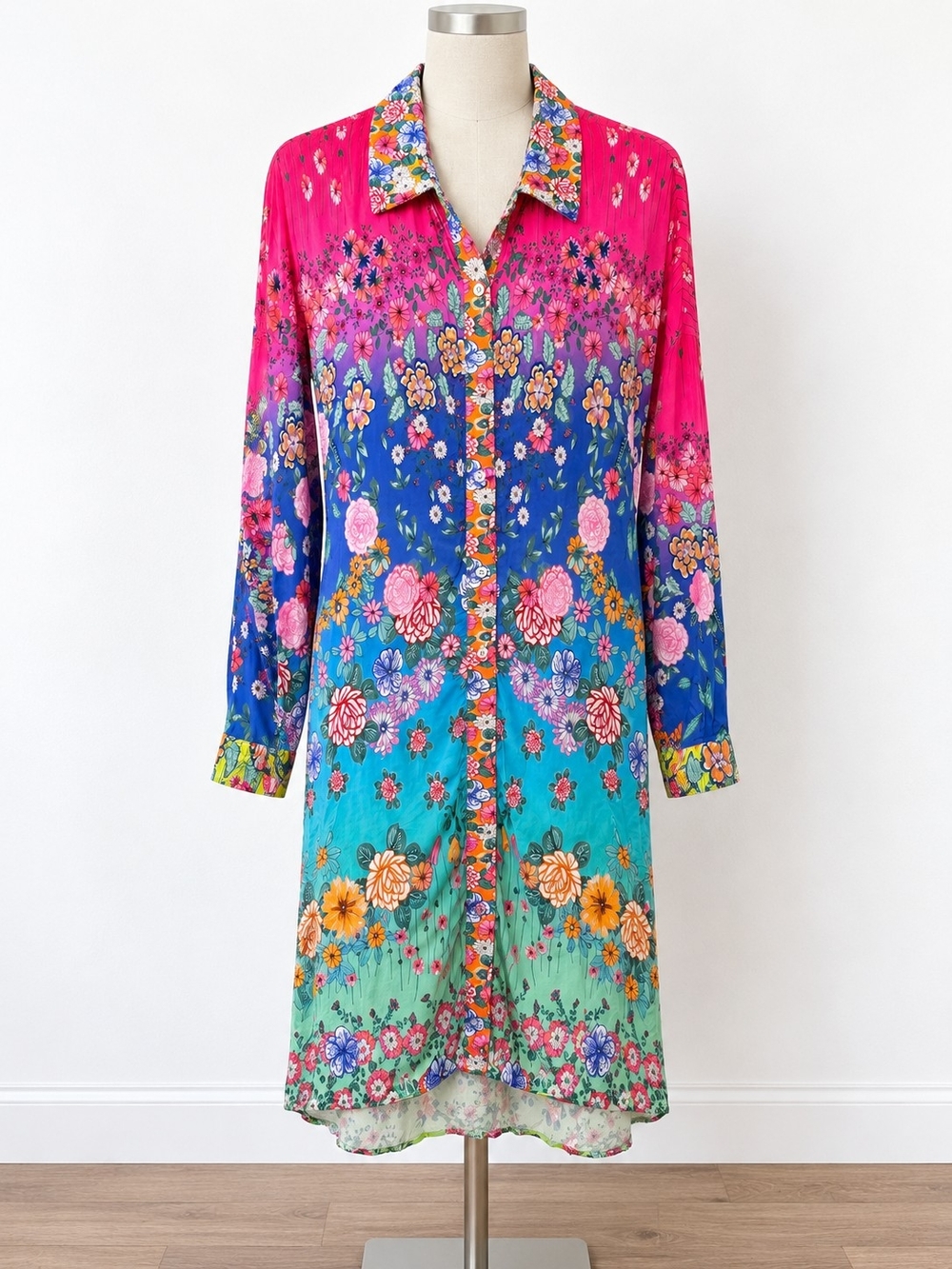 Johnny Was Pink Blue Teal Floral Midi Shirt Dress